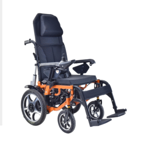 Steel electric wheelchair with reclining backrest and adjustable headrest