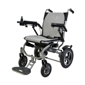 Foldable electric wheelchair standing upright with grey linen cushion