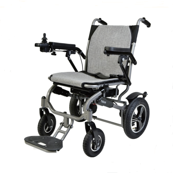 Foldable electric wheelchair standing upright with grey linen cushion