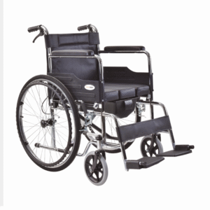 Manual wheelchair with toilet seat, fixed armrests, and adjustable footrests