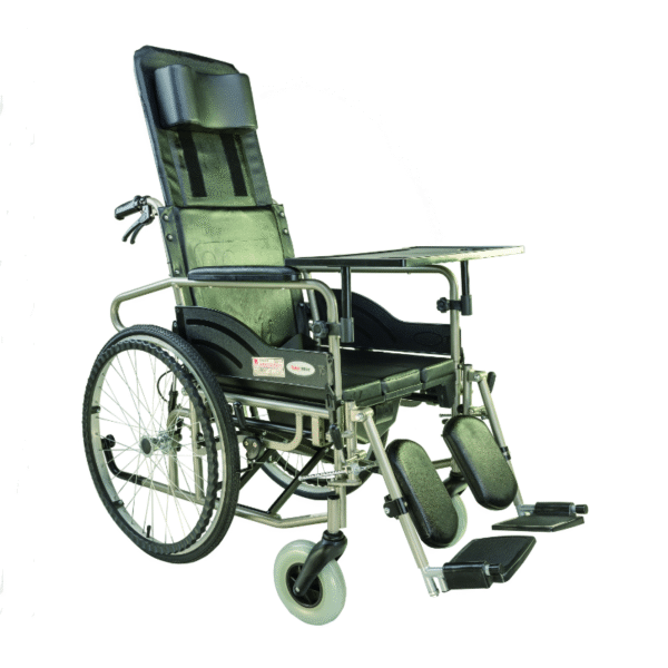 Aluminum reclining commode wheelchair with curved headrest and black leather seat