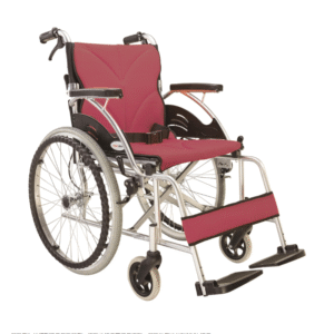 Manual wheelchair with orange mesh seat and folding backrest