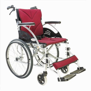 Standard wheelchair with deep red mesh seat and 20-inch rear wheels