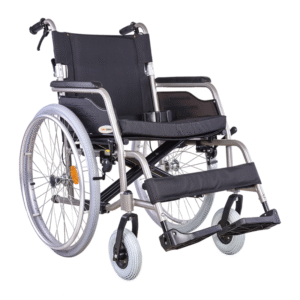 Heavy-duty manual wheelchair with sand-colored frame and 24-inch pneumatic tires