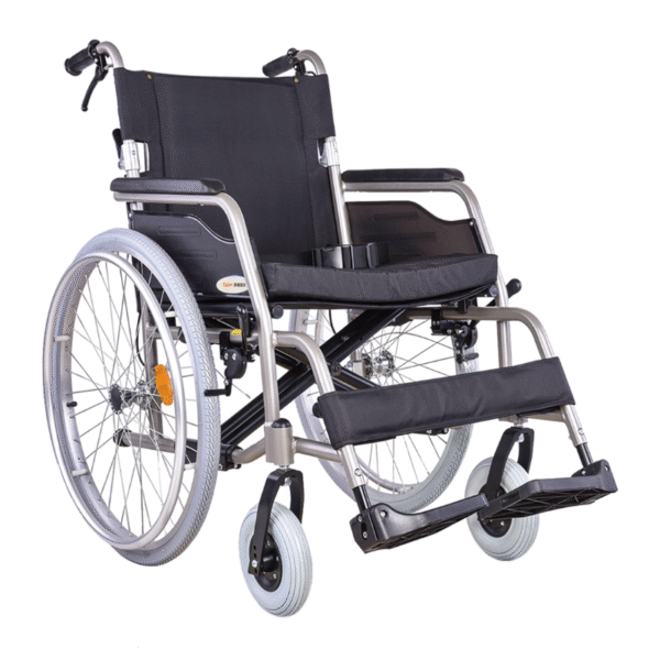 Heavy-duty manual wheelchair with sand-colored frame and 24-inch pneumatic tires